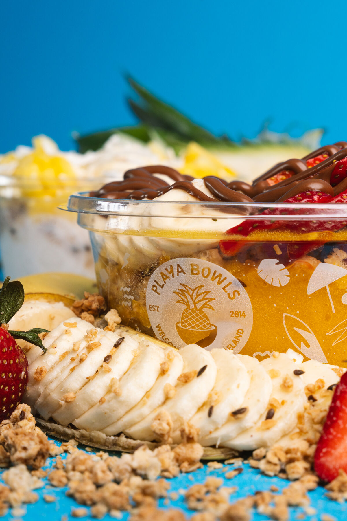 Playa Bowls smoothie bowl close-up showing texture of fresh fruit toppings and honey drizzle